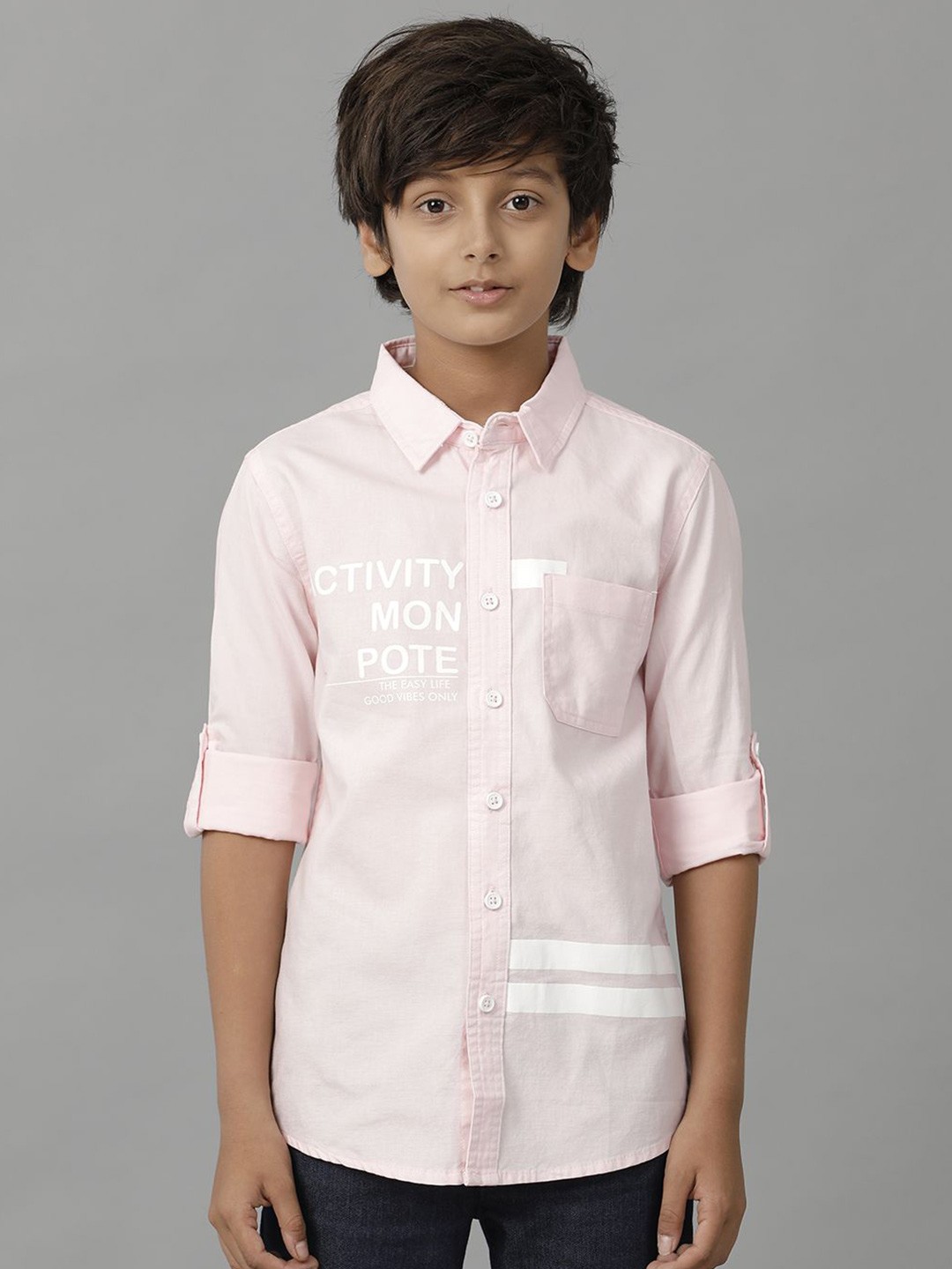 

UNDER FOURTEEN ONLY Boys Spread Collar Typography Printed Cotton Casual Shirt, Pink