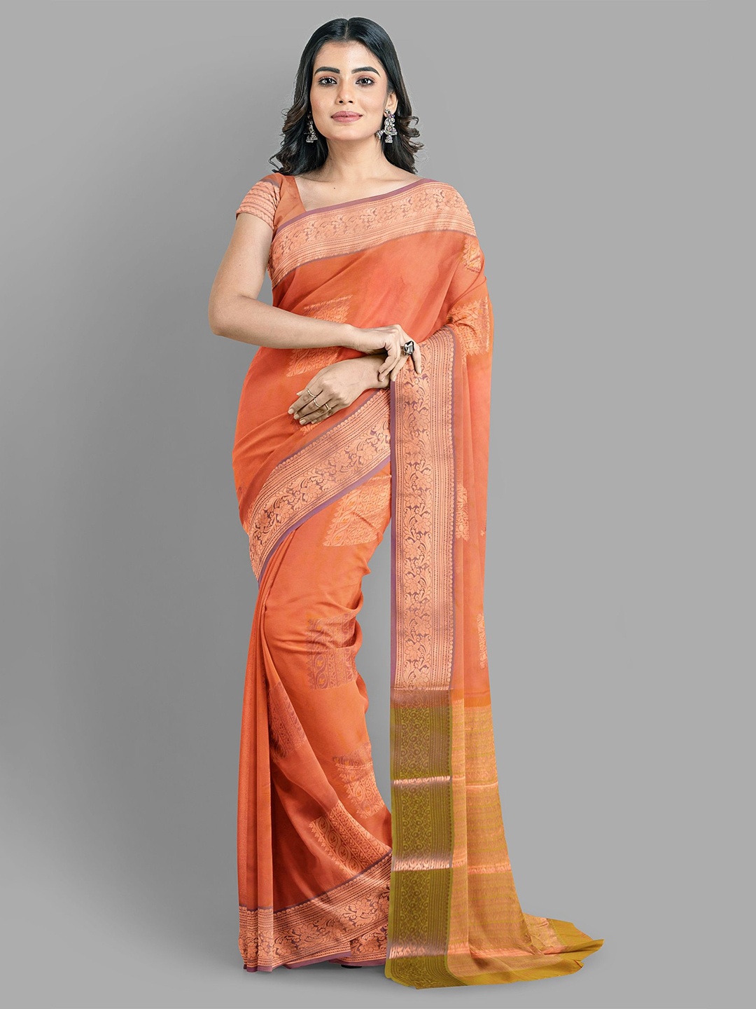 

The Chennai Silks Ethnic Motifs Zari Baluchari Saree, Coral