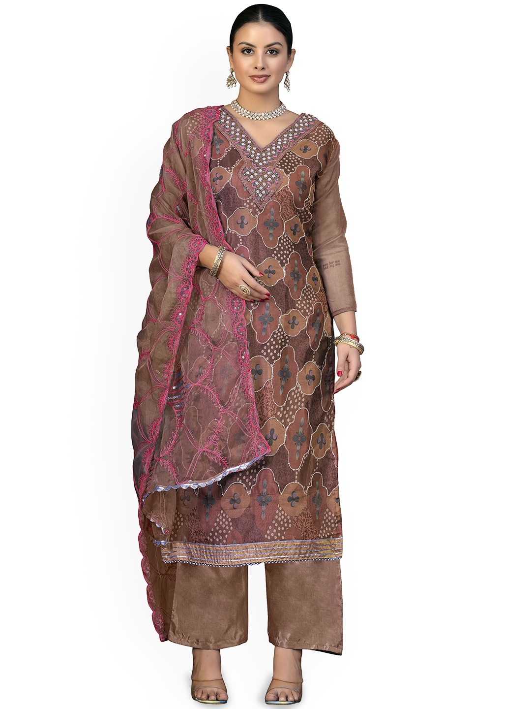 

Maroosh Ethnic Motifs Embroidered Sequinned Organza Unstitched Dress Material, Brown
