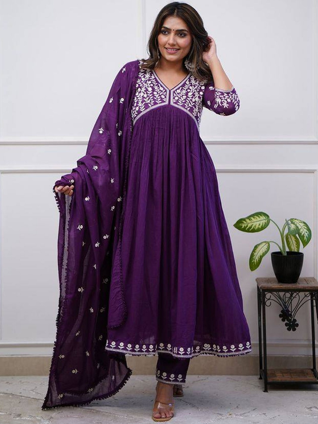 

BLACK SCISSOR Embroidered Silk Regular Anarkali Kurta with Trousers & Dupatta, Purple