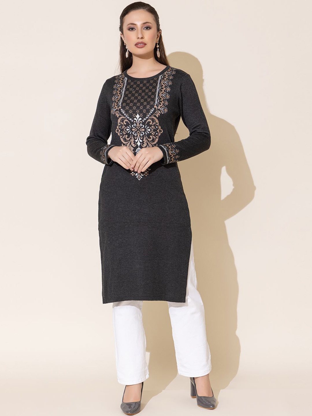 

Anouk Ethnic Motifs Woven Design Jacquard Straight Kurta, Charcoal