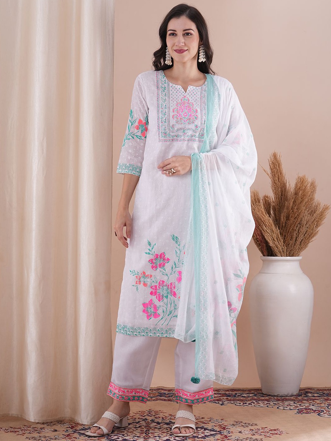 

FASHOR Floral Printed Thread Work Pure Cotton Kurta with Trouser & Dupatta, White