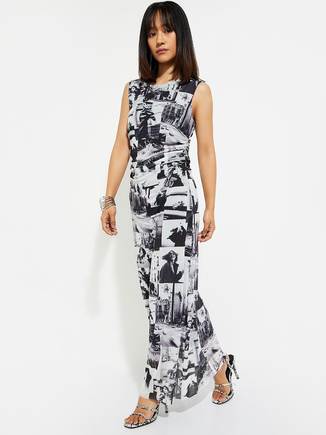 

Max URB_N Women Printed Ruched Mesh Dress, Beige