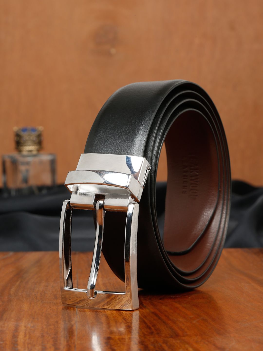 

Teakwood Leathers Men Leather Reversible Formal Tang Belt, Black