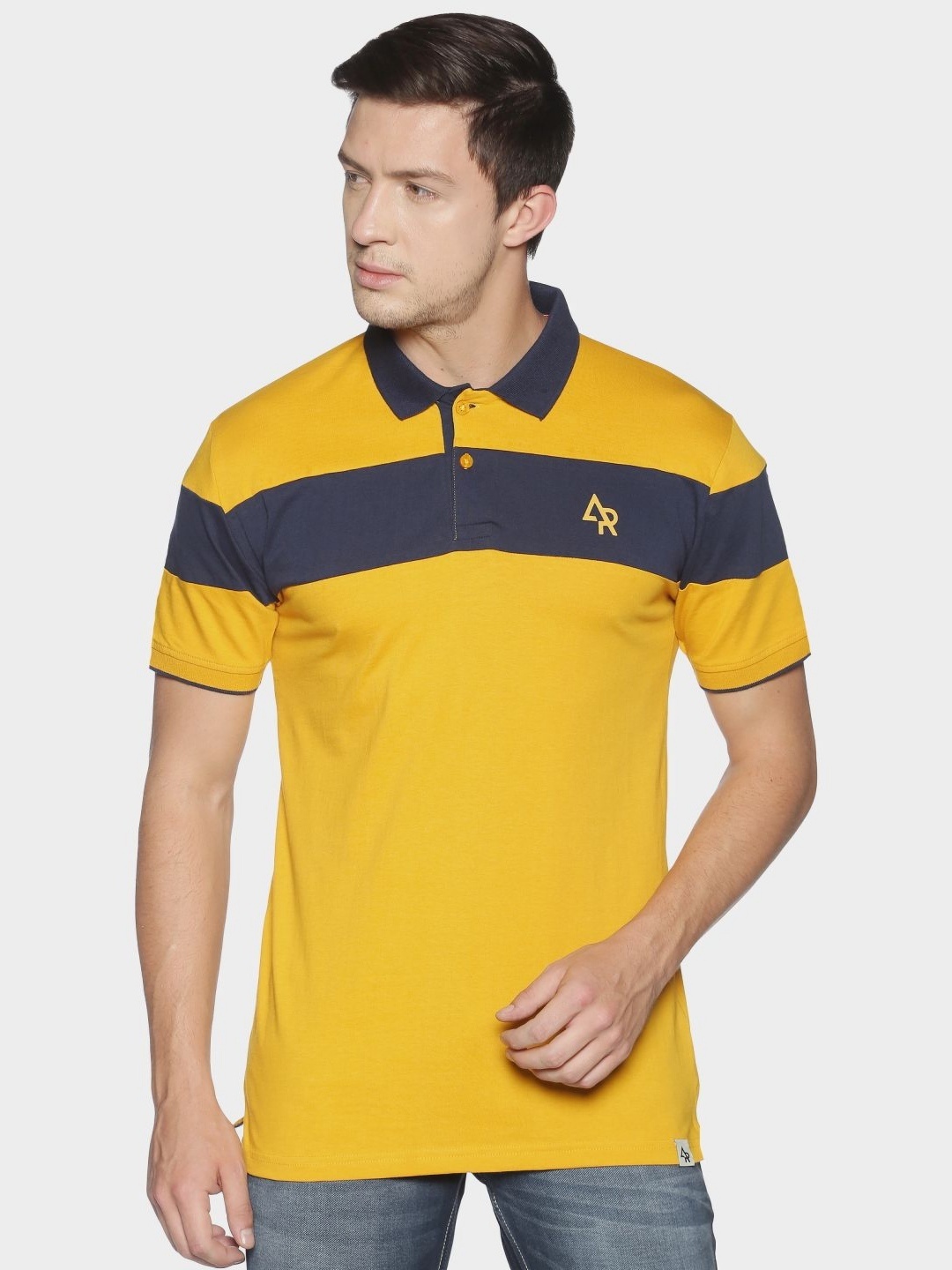 

ADRO Men Colourblocked Polo Collar Cotton T-shirt, Mustard