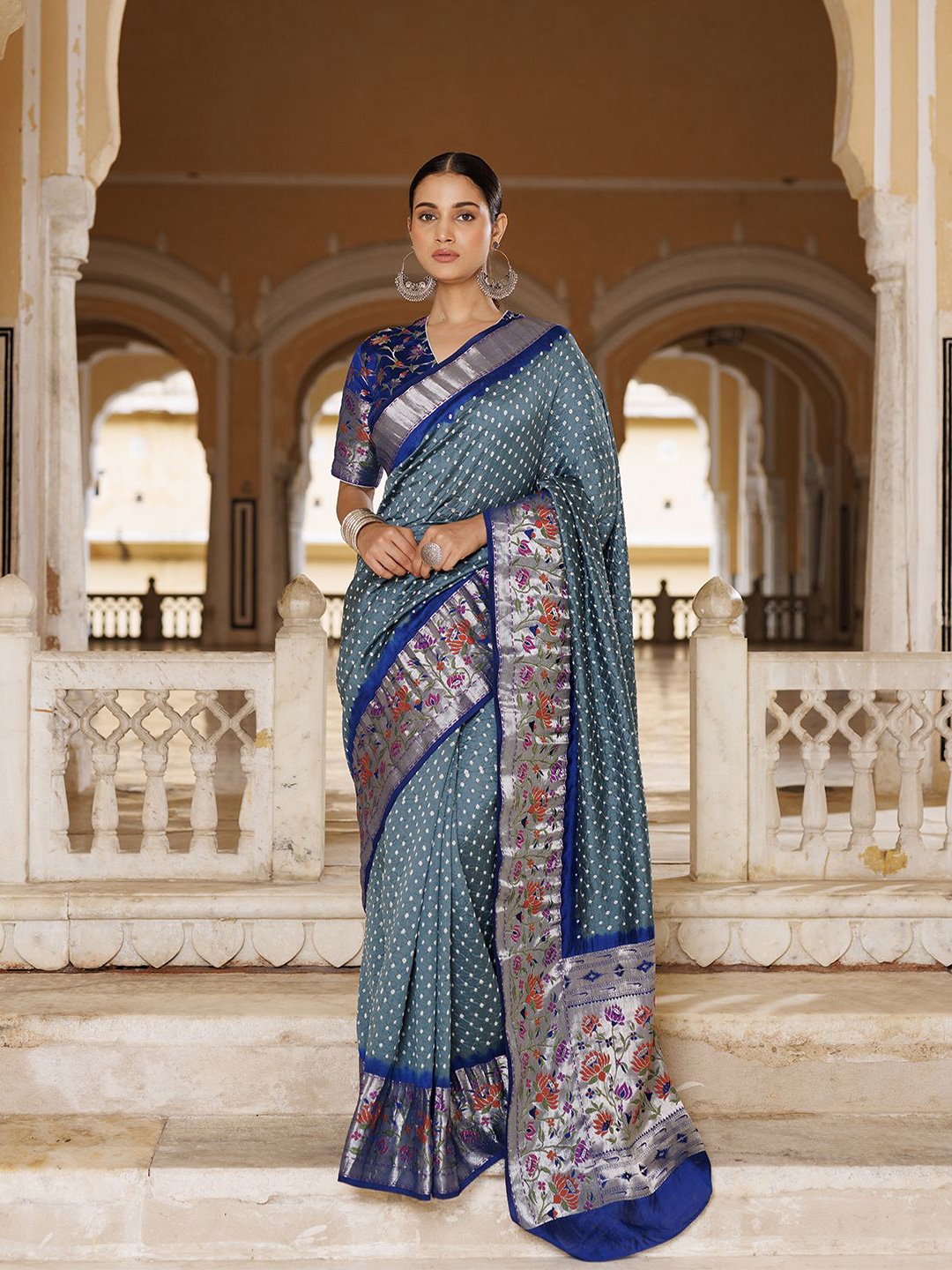 

Geroo Jaipur Woven Design Zari Bandhani Saree, Blue
