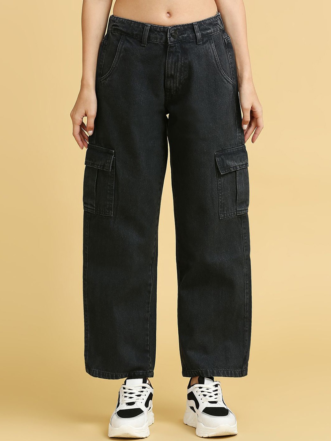 

BAESD Women Cotton Wide Leg High-Rise Jeans, Black