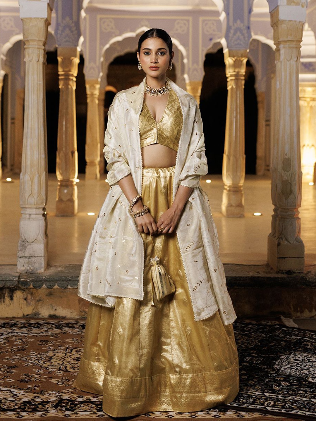 

Geroo Jaipur Printed Zari Tissue Ready to Wear Lehenga & Unstitched Blouse With Dupatta, Gold