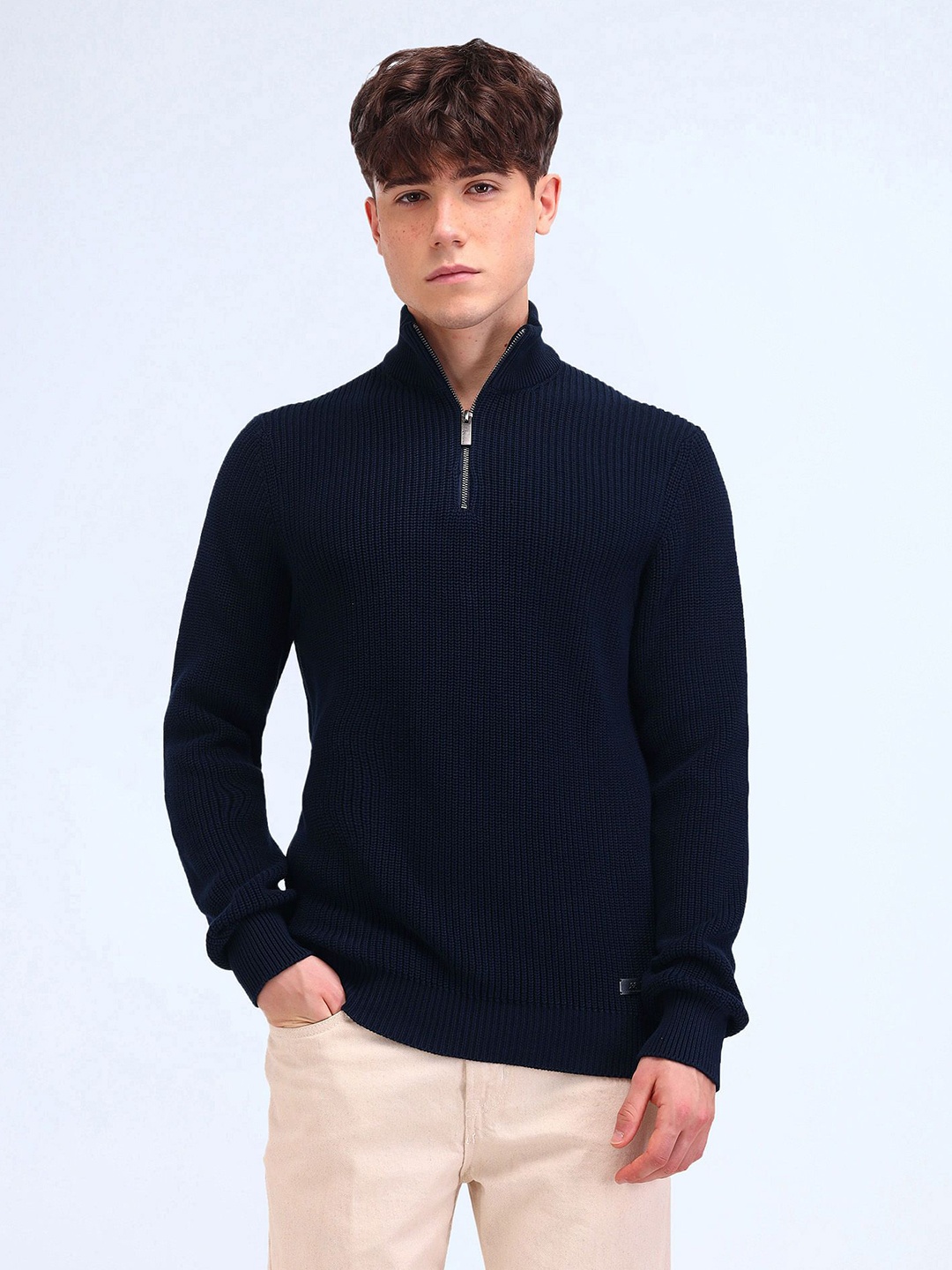 

Flying Machine Men Self Design Cable Knit Cotton Pullover, Blue