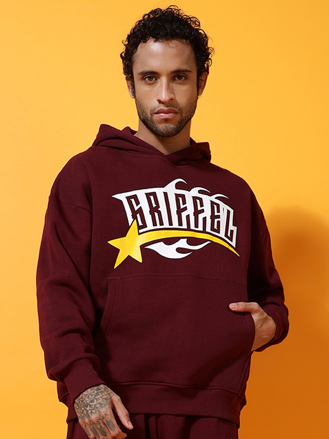 

GRIFFEL Men Printed Hooded Sweatshirt, Maroon