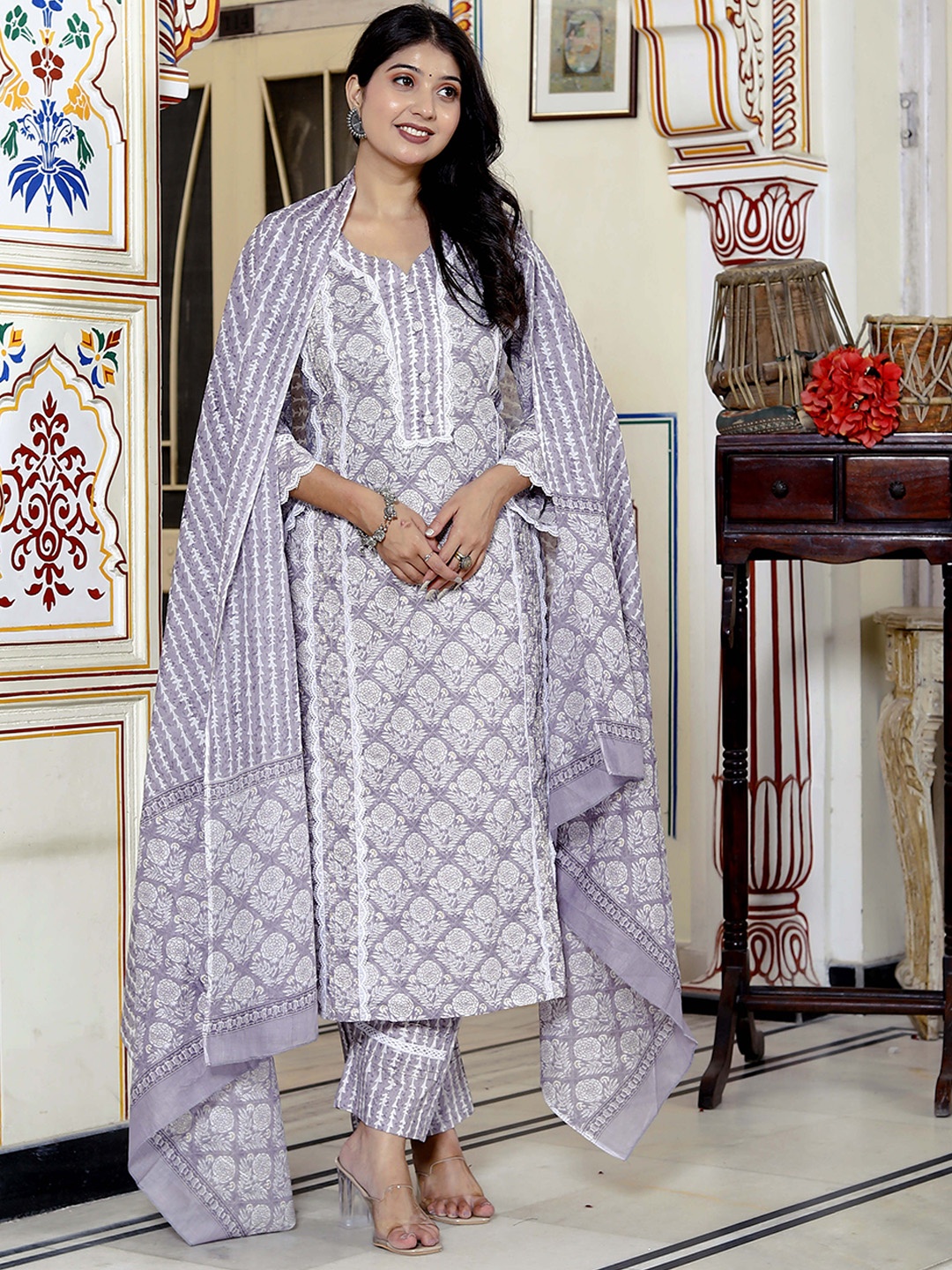 

Lovista Floral Printed Pure Cotton Straight Kurta With Trousers & Dupatta, Purple