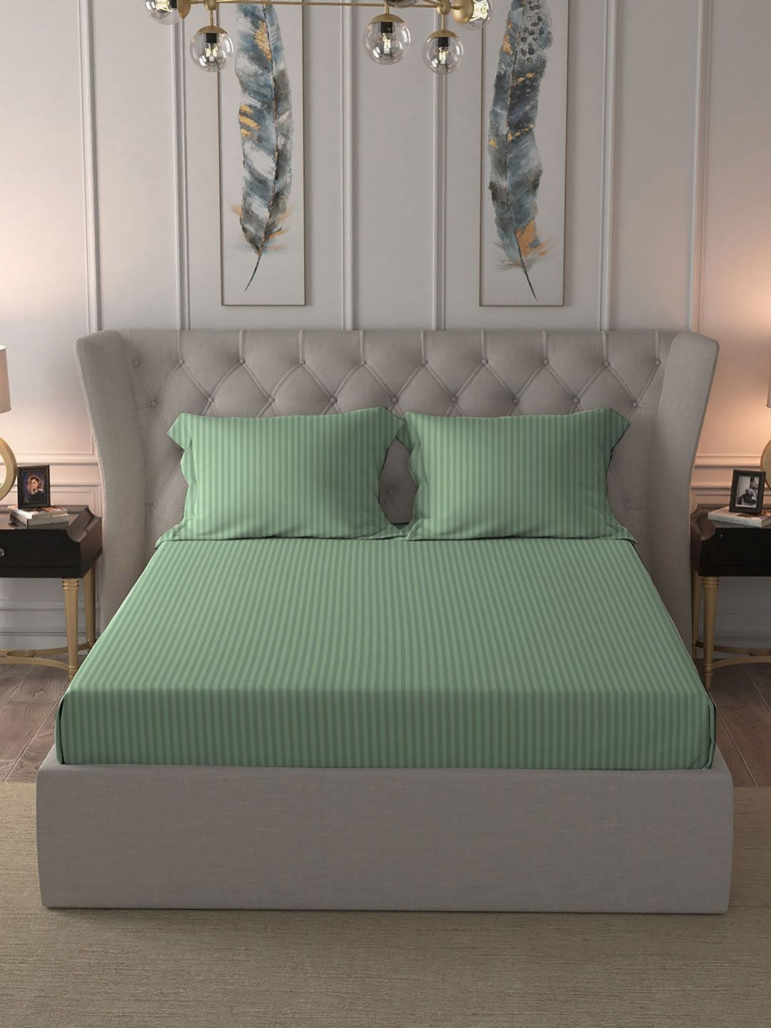 

MYTRIDENT Classic Sea Green Striped Cotton 210 TC King Bedsheet Set 2.74 m X 2.74 m