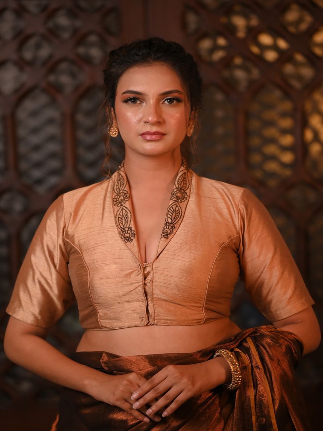 

THE SAFFRON SAGA Embroidered V-neck Saree Blouse, Brown