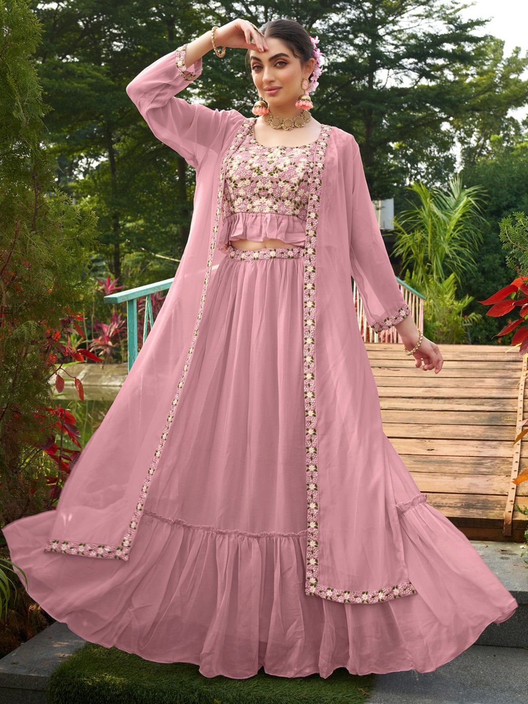 

JIVORA Embroidered Thread Work Ready to Wear Lehenga Set, Pink