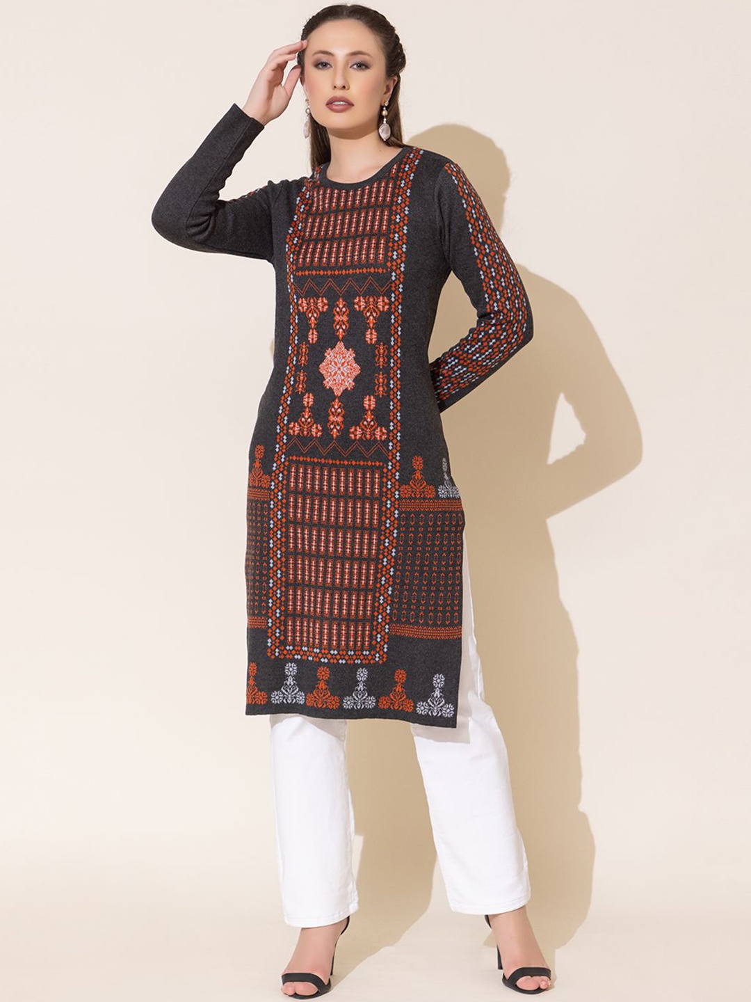 

Anouk Grey Ethnic Motifs Woven Design Round Neck Jacquard Straight Kurta