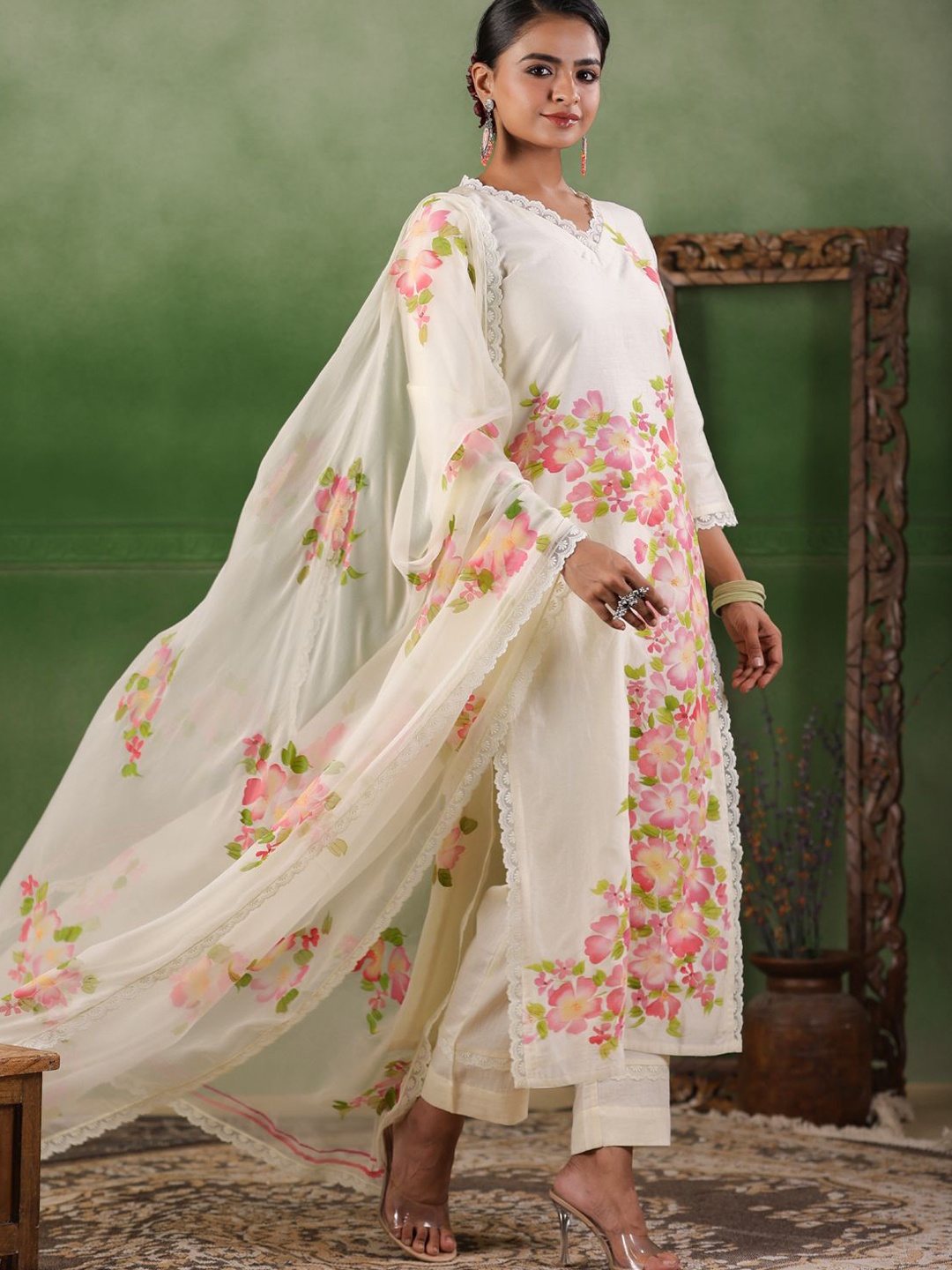 

Geroo Jaipur Floral Printed V-Neck Chanderi Cotton Straight Kurta With Trousers & Dupatta, White