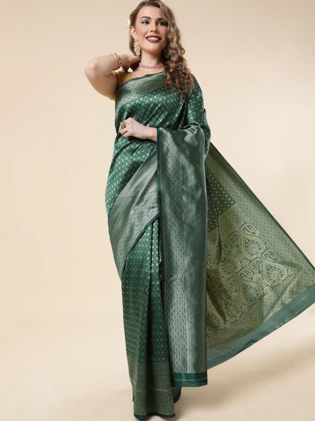 

KALINI Woven Design Zari Pure Silk Banarasi Saree, Green