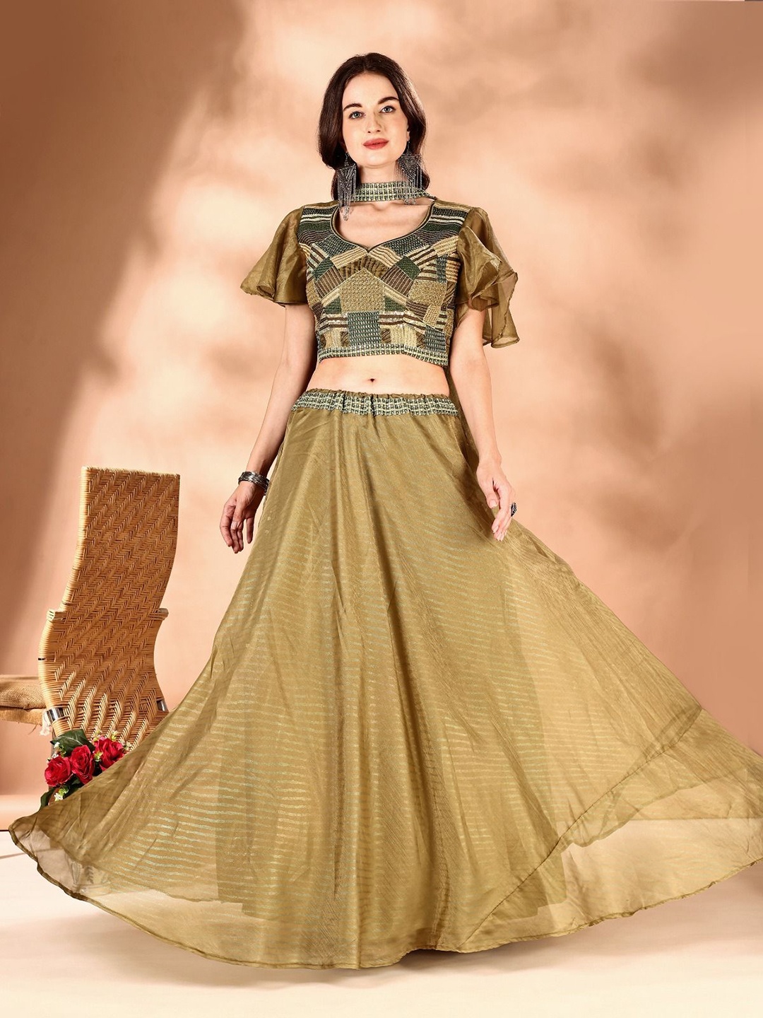 

JIVORA Embroidered Thread Work Ready to Wear Lehenga & Blouse With Dupatta, Yellow