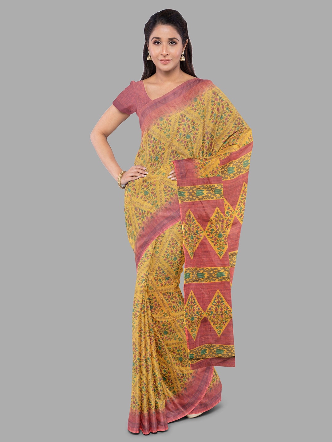 

The Chennai Silks Floral Printed Pure Cotton Gadwal Saree, Mustard