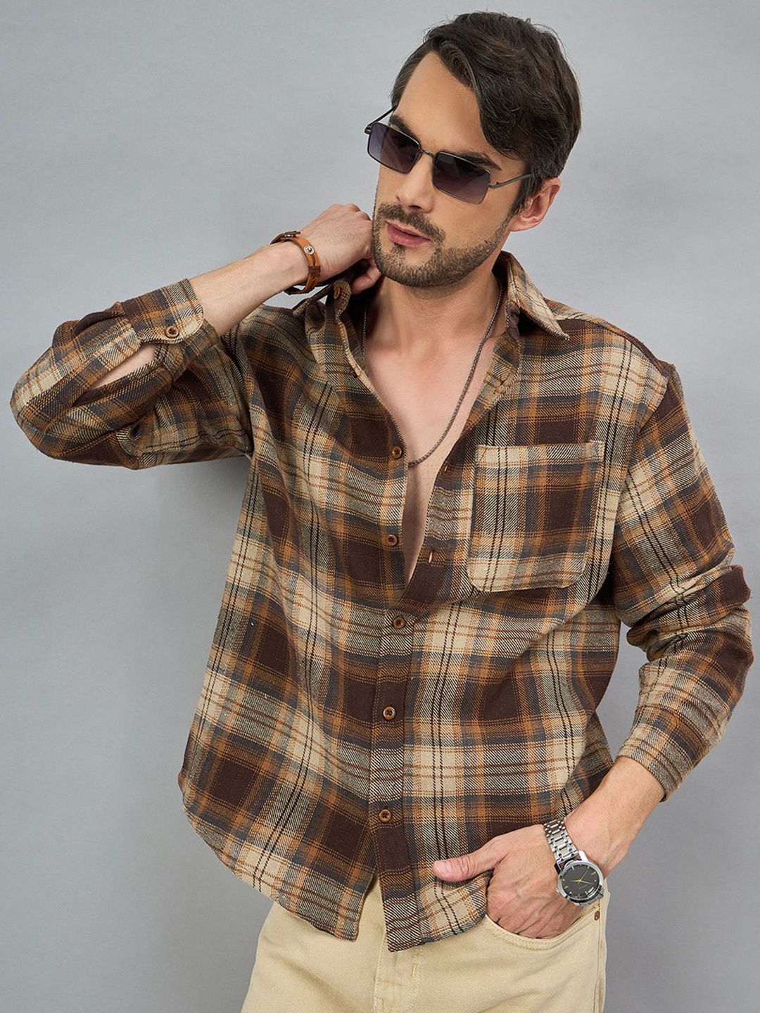 

CHIMPAAANZEE Men Spread Collar Tartan Checked Oversized Casual Shirt, Brown