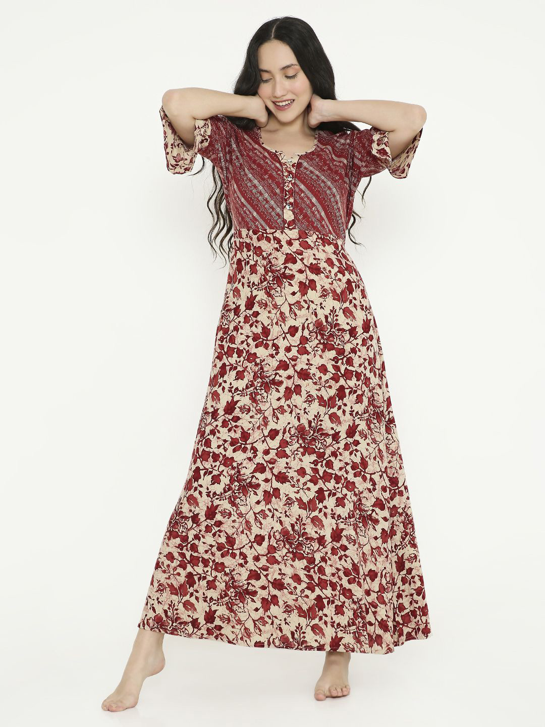 

NIGHTSPREE Women Printed Maxi Nightdress, Red