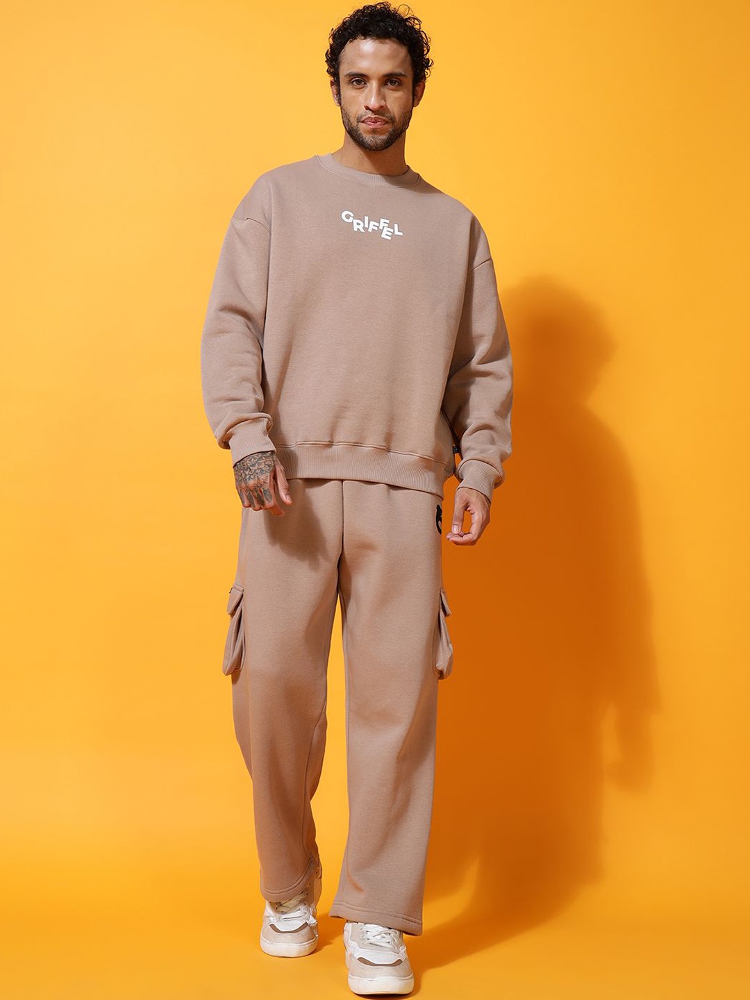 

GRIFFEL Men Printed Round Neck Long Sleeves Mid-Rise Tracksuits, Camel brown
