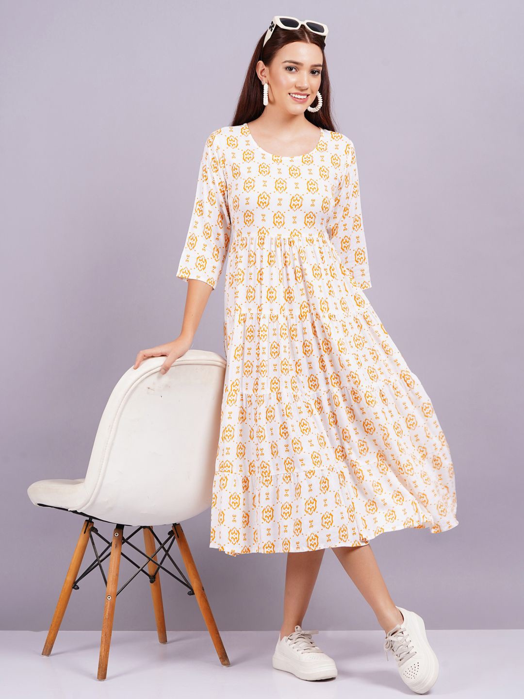 

JC4U Women Ethnic Printed Fit & Flare Midi Dress, Orange