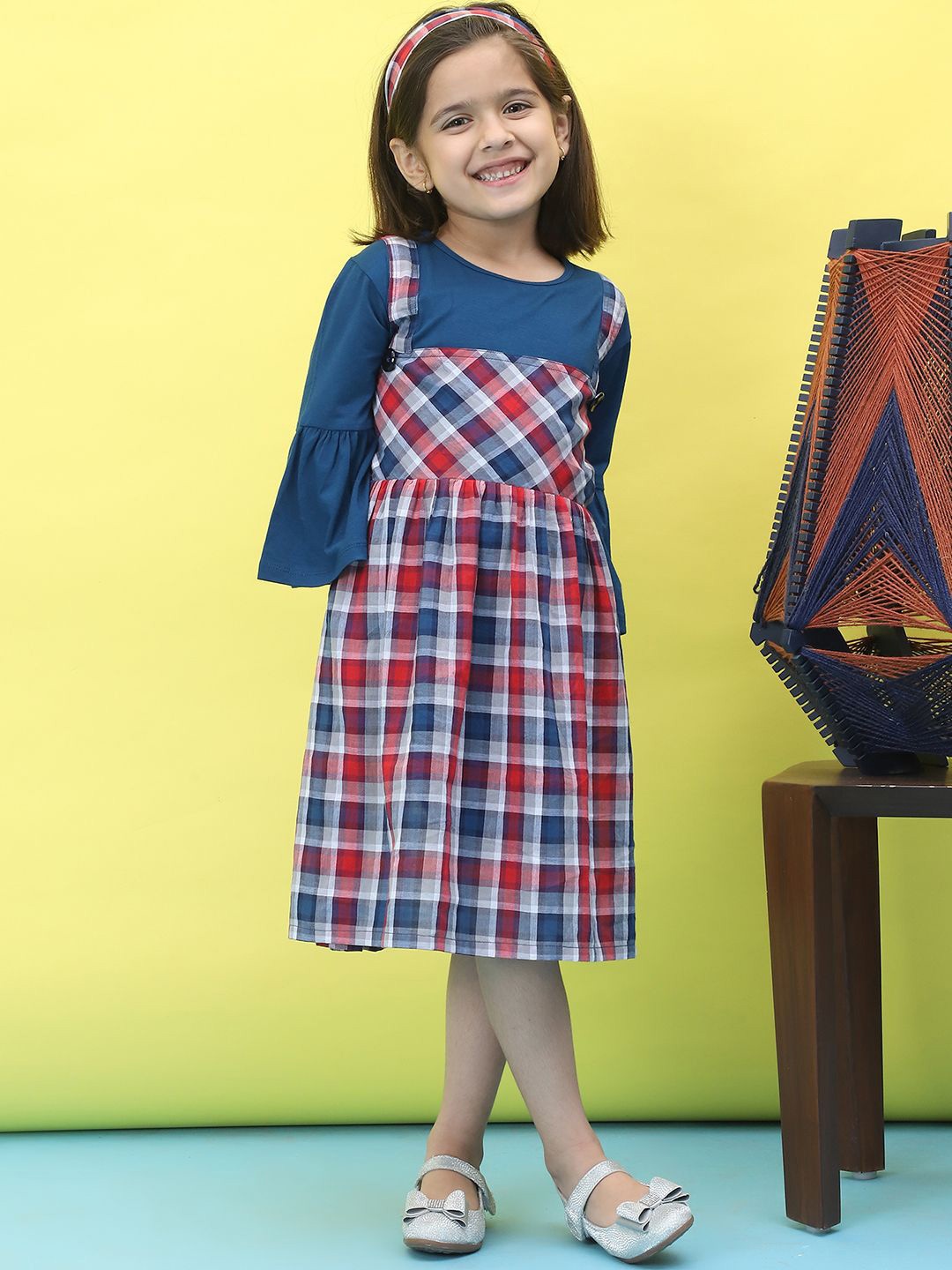 

Baawri kids girls Checked Flared Sleeve A-Line Dress, Blue