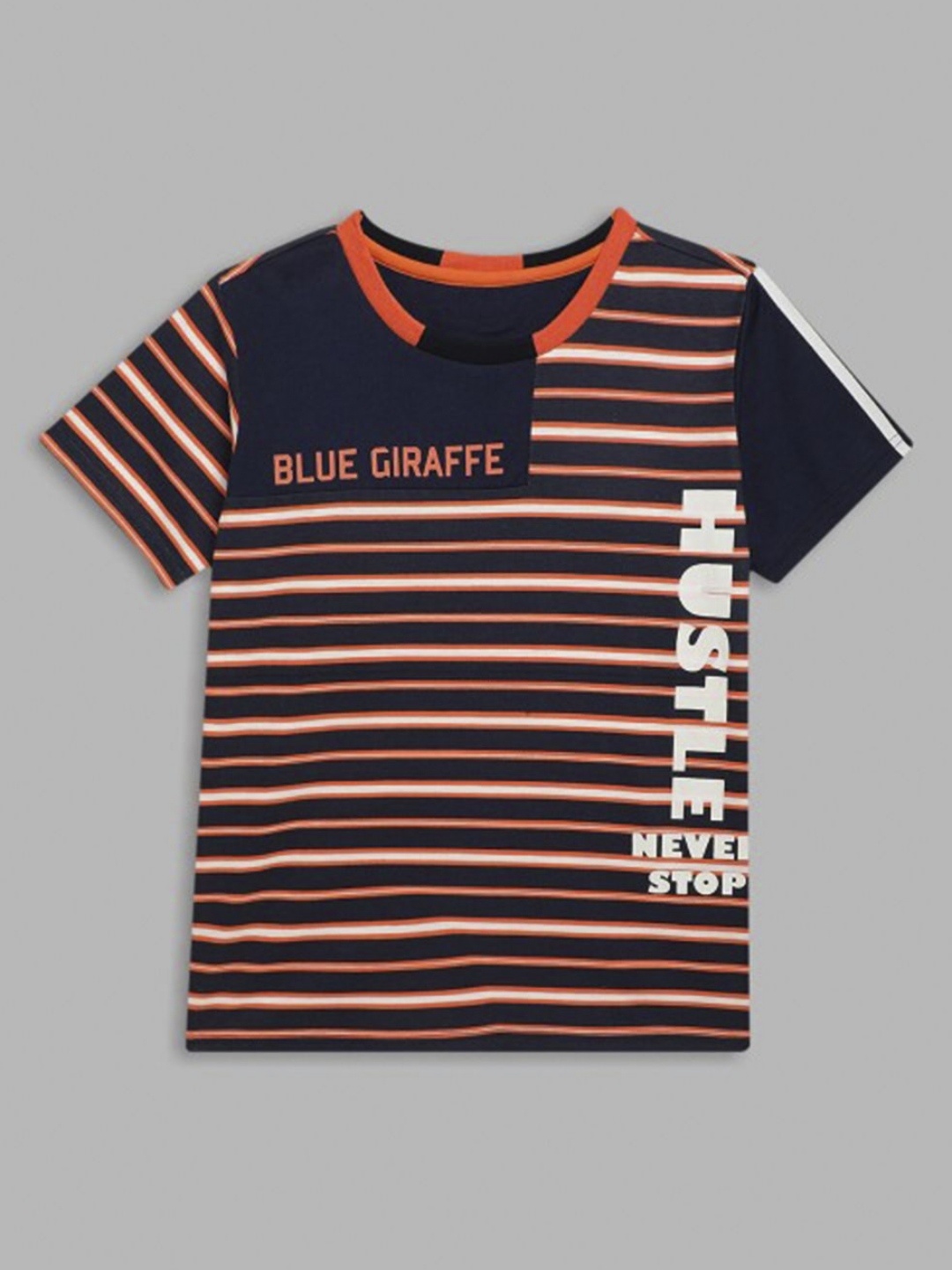 

Blue Giraffe Boys Striped Round Neck Cotton T-shirt, Orange