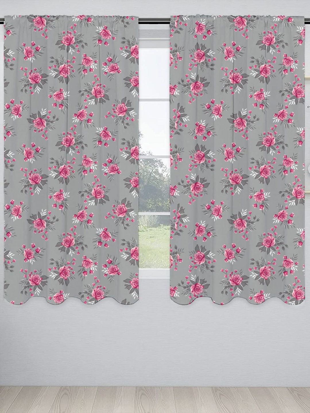 

Lushomes Grey & Pink 2 Pieces Floral Printed Semi Sheer Window Curtains