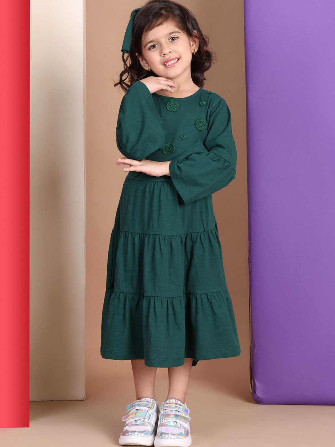 

Baawri Girls Solid Flared Sleeve A-Line Cotton Dress, Green