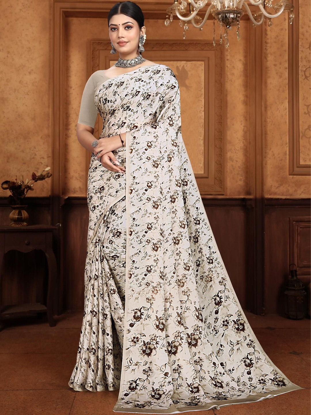 

Mitera Floral Printed Festive Satin Saree, Off white