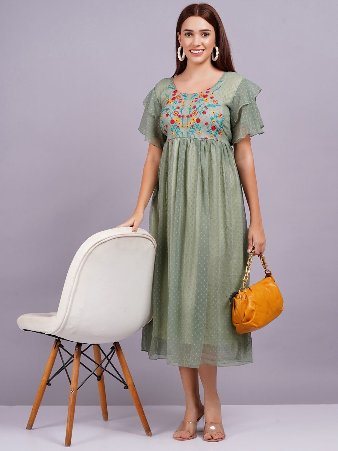

JC4U Women Georgette Fit & Flare Midi Dress, Lime green