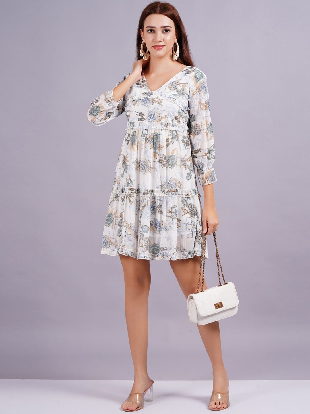 

JC4U Floral Print Georgette Fit & Flare Dress, Grey