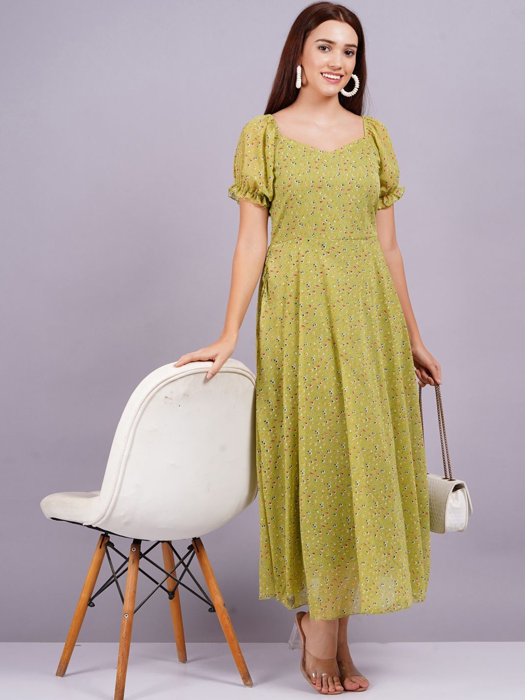 

JC4U Floral Print Bell Sleeve Fit & Flare Midi Dress, Lime green