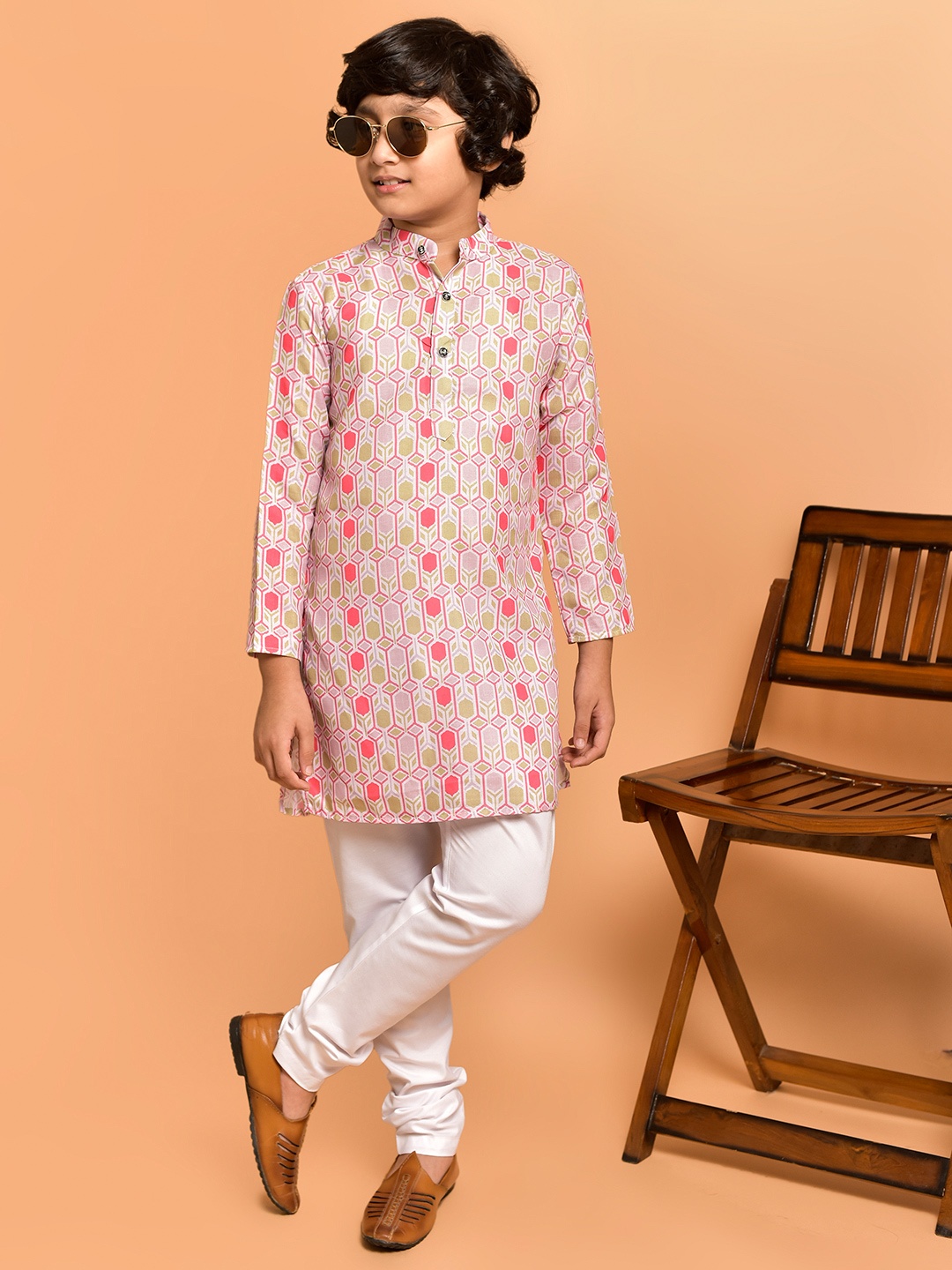 

PRINTCULTR Boys Geometric Printed Regular Kurta with Churidar, Pink