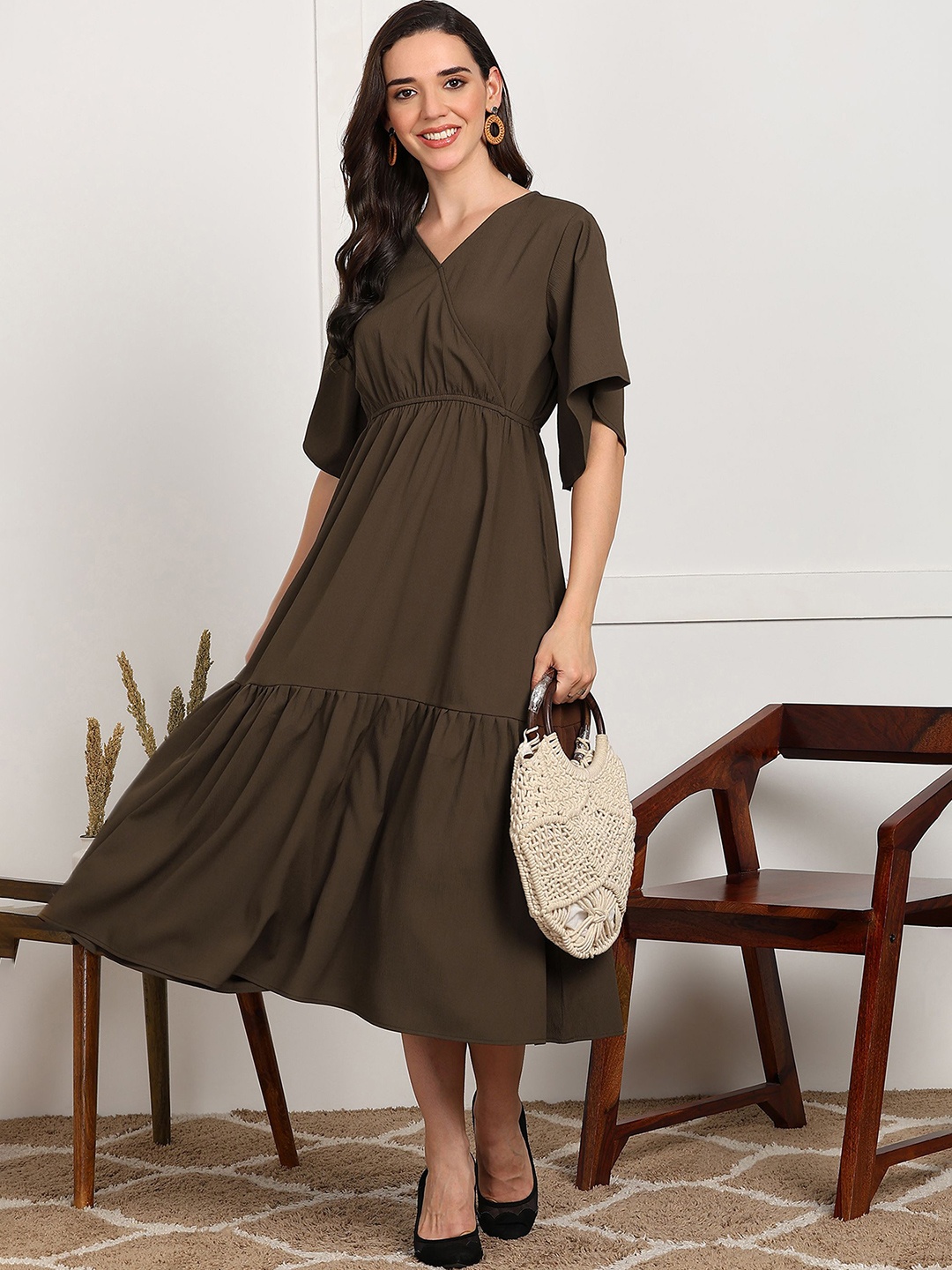 

Fashfun Solid Bell Sleeve Fit & Flare Midi Tiered Dress, Brown