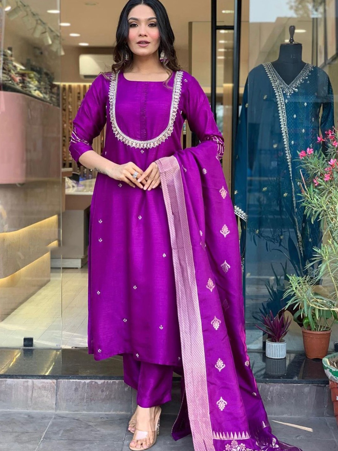 

KALINI Floral Embroidered Chanderi Silk Straight Kurta With Trouser & Dupatta, Purple