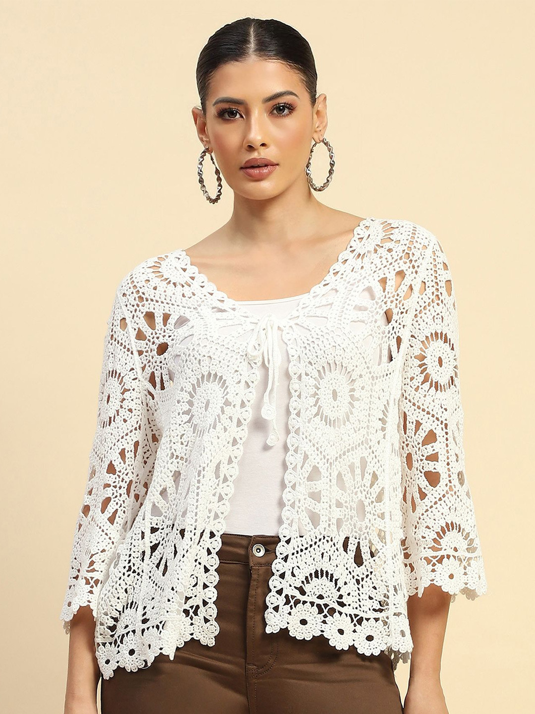 

Global Republic Self Design Cotton Open Front Shrug, White