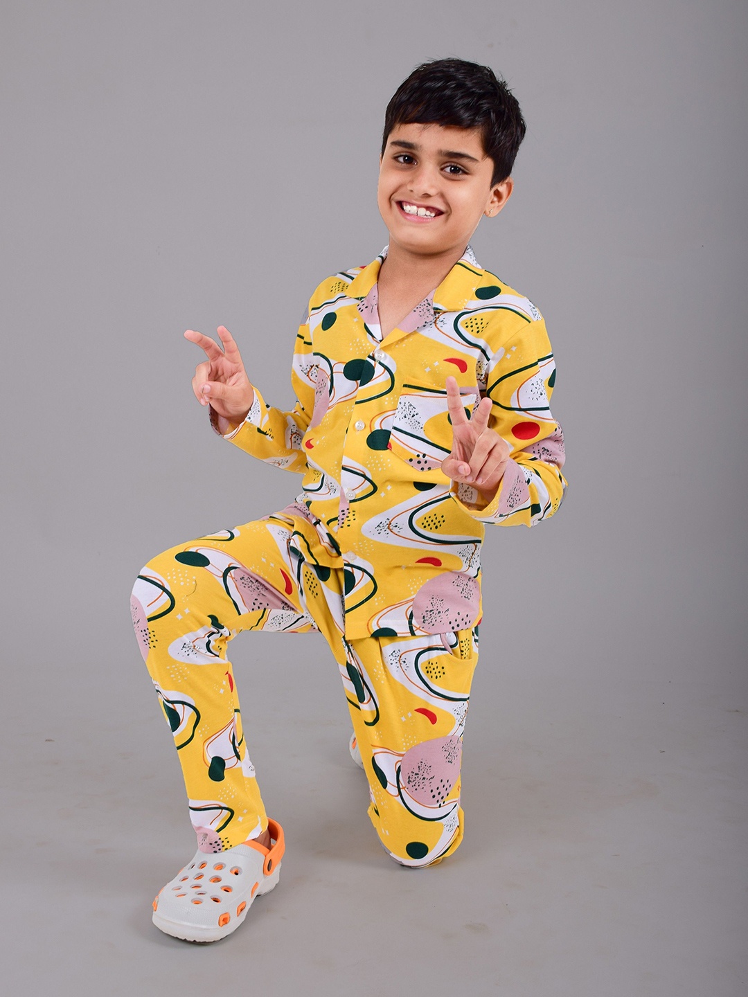 

ROW STARS Boys Printed Shirt Collar Long Sleeves Shirt & Trouser, Yellow