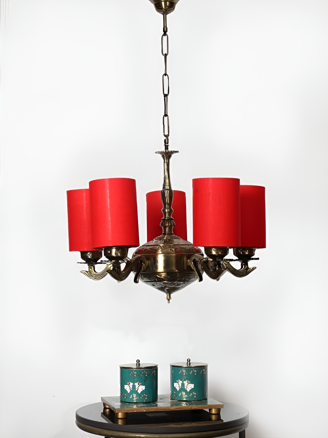 

Devansh Red Round cotton shade with Antique Golden Chandelier Metal Ceiling Lamp