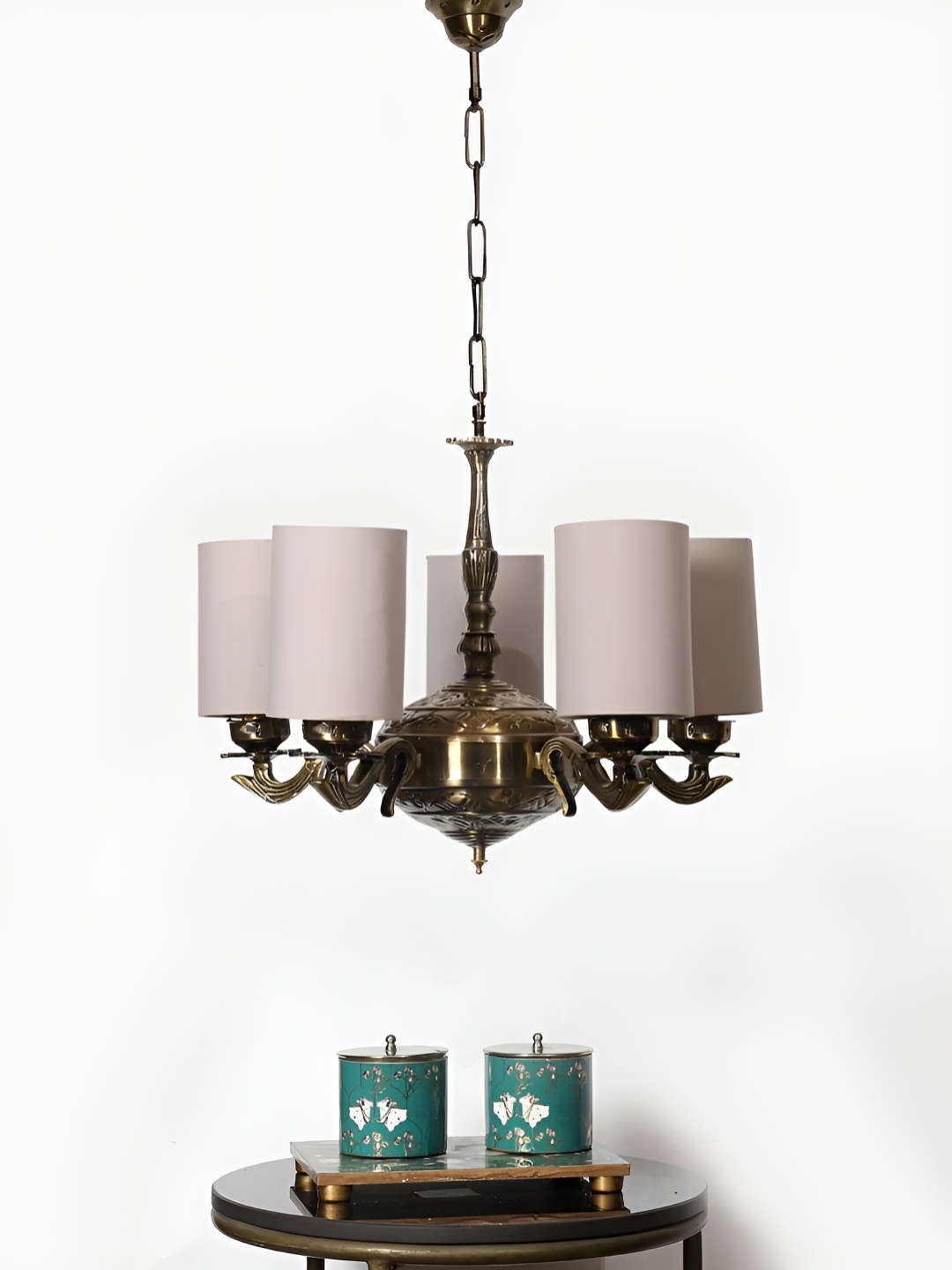 

Devansh Grey Round cotton shade with Antique Golden Chandelier Metal Ceiling Lamp