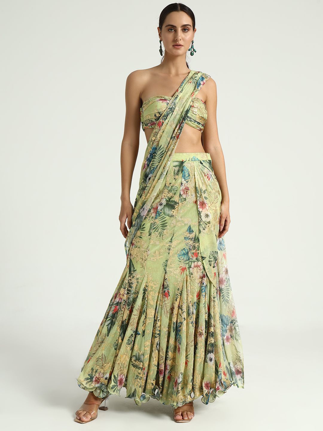 

Kanchi Khurana Couture Printed Lehenga Saree, Lime green