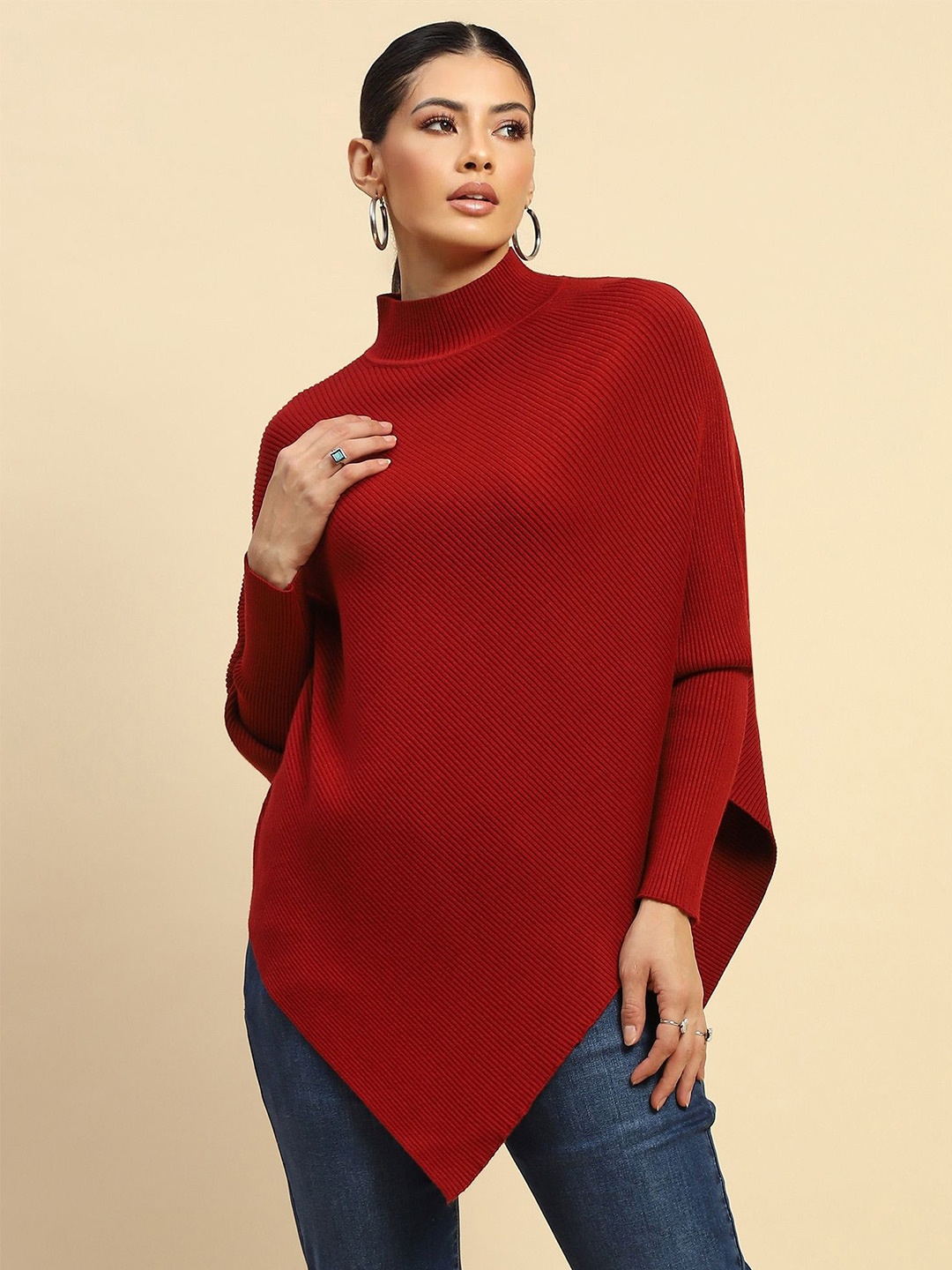 

Global Republic Women Ribbed Poncho Turtle Neck Sweaters, Red