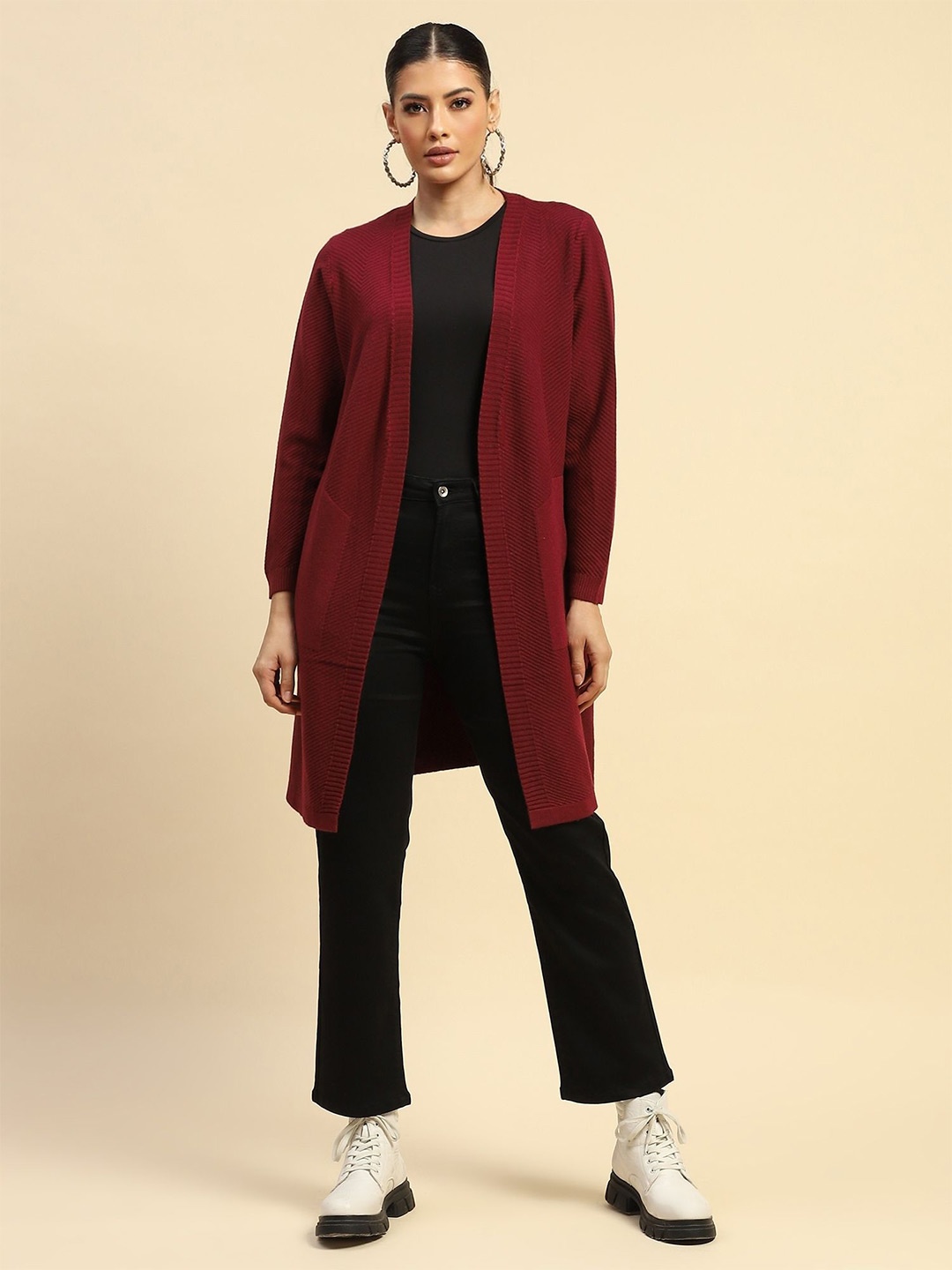 

Global Republic Self Design Open Front Longline Shrug, Maroon