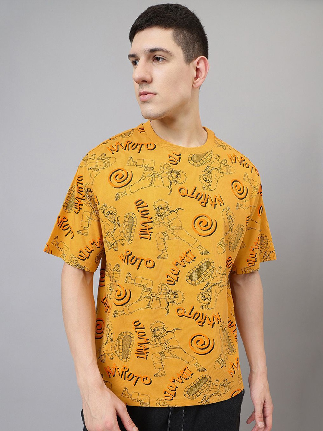 

Free Authority Men Naruto Graphic Printed Round Neck Cotton Oversized T-shirt, Yellow