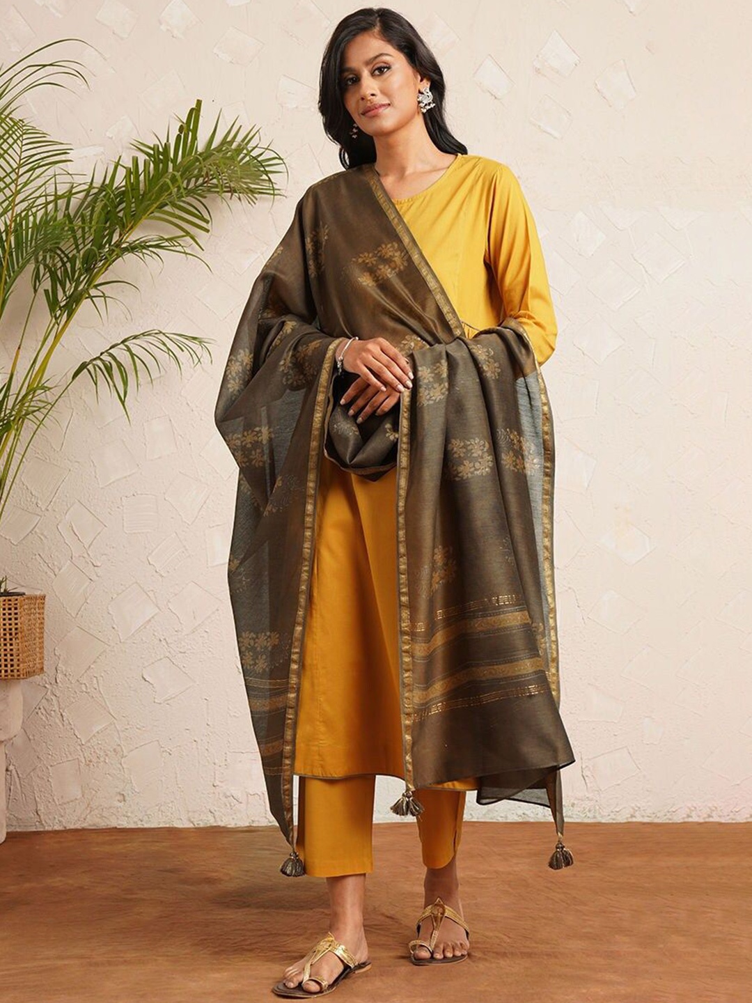 

JAYPORE Ethnic Motifs Printed Cotton Silk Dupatta, Olive