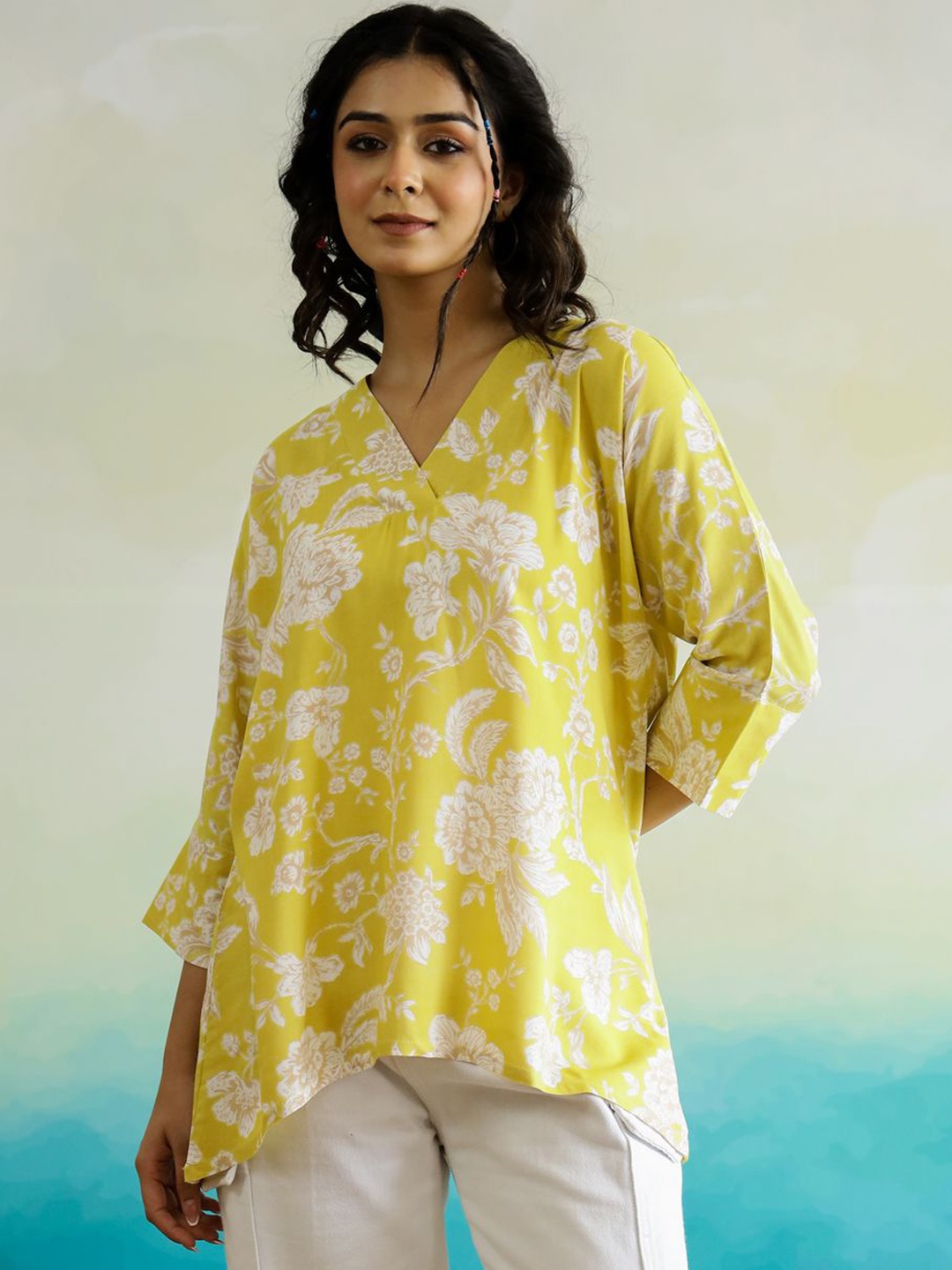 

SANSKRUTIHOMES Women Floral Print Extended Sleeves Cotton Top, Yellow