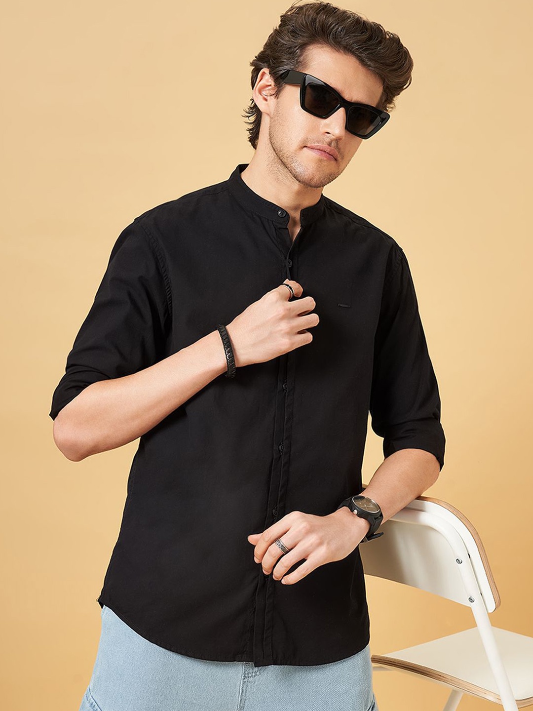 

People Men Band Collar Solid Cotton Relaxed Fit Casual Shirt, Black