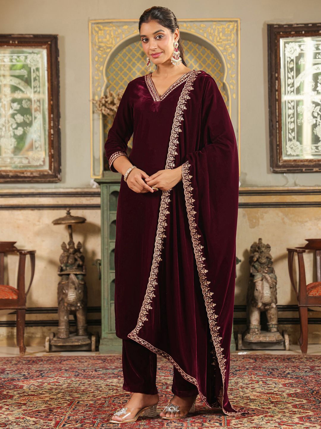 

Janasya Velvet Zari Straight Kurta with Trousers & Dupatta, Purple
